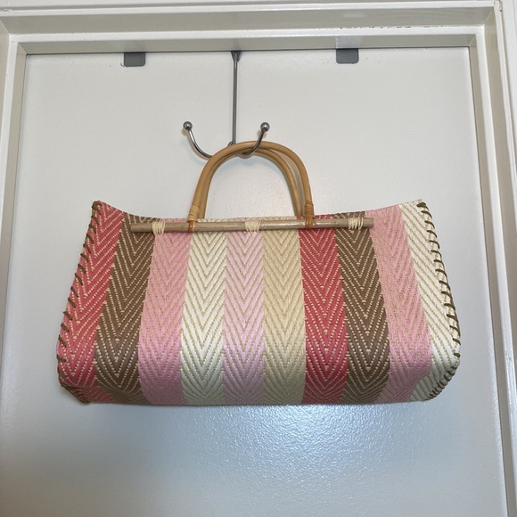 Handbags - Straw Striped Bamboo Handle Purse